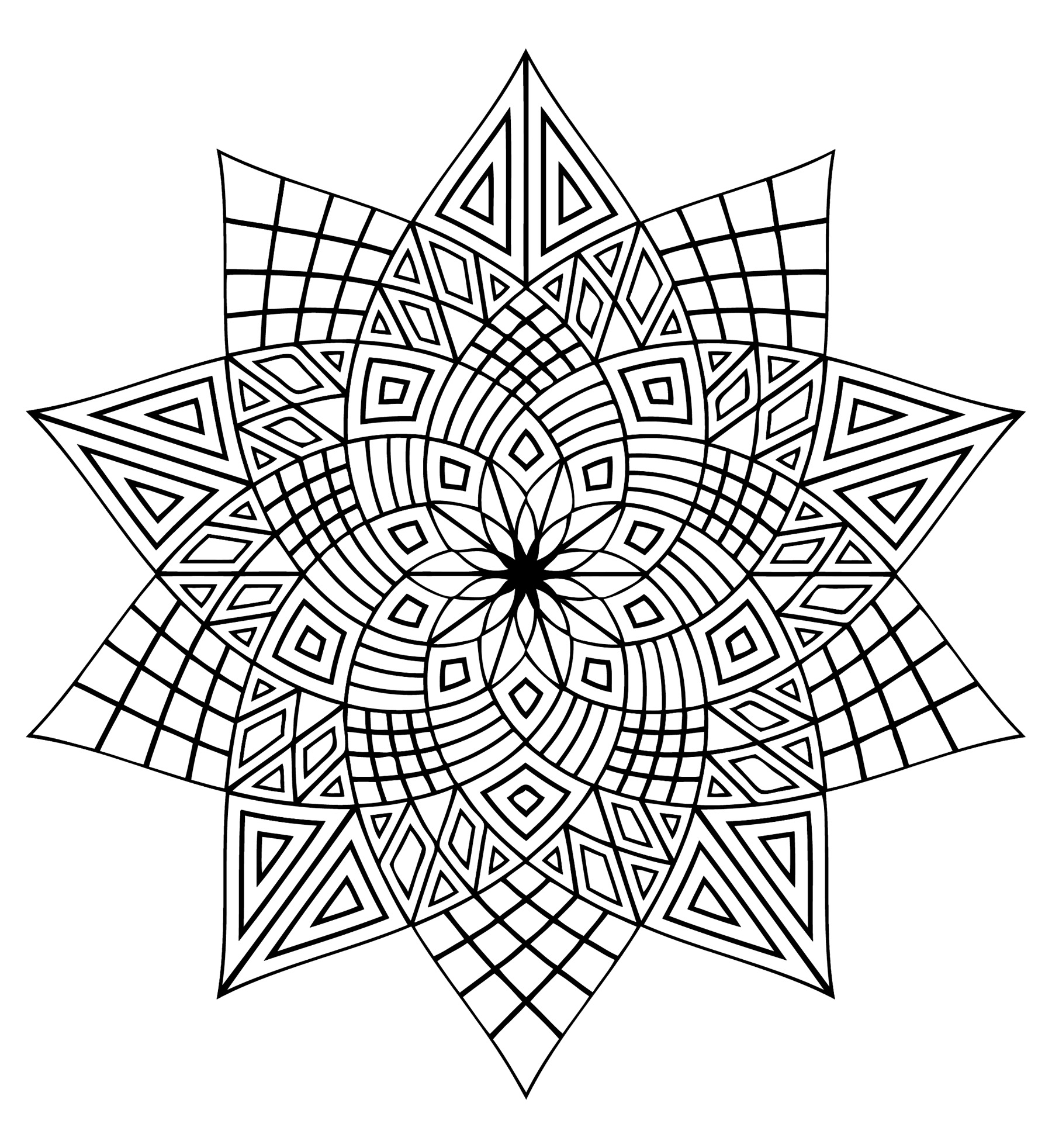 Mandala à colorier avec différentes formes géométriques telles que plusieurs triangles. Nous pouvons, de plus, percevoir une très jolie fleur au centre.